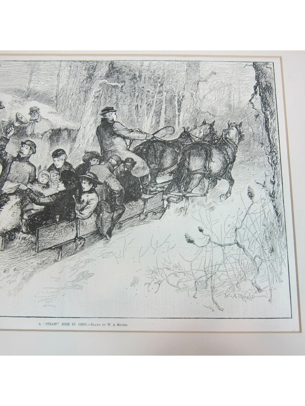 Antique 1882 Print A Straw Ride in Ohio Snow Sleigh W.A. Rogers Harper’s Weekly